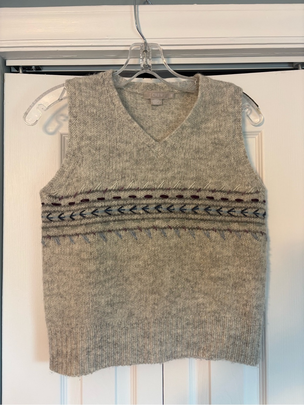 J. Crew Cream Gray Wool-Blend V-Neck Sweater Vest with Multicolor Fair Isle